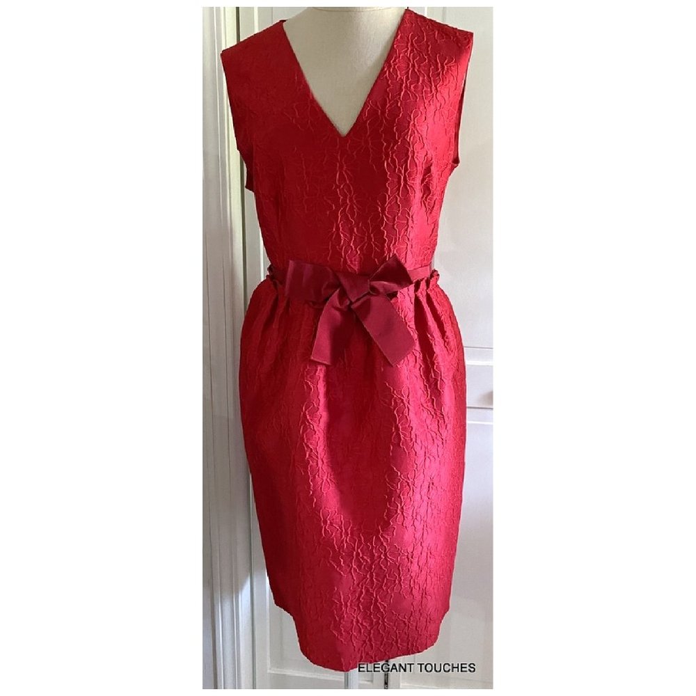 Carolina Herrera Red Bow Sleeveless Cocktail Dress 12 Ribbon Waist Floral Satin - Picture 4 of 14